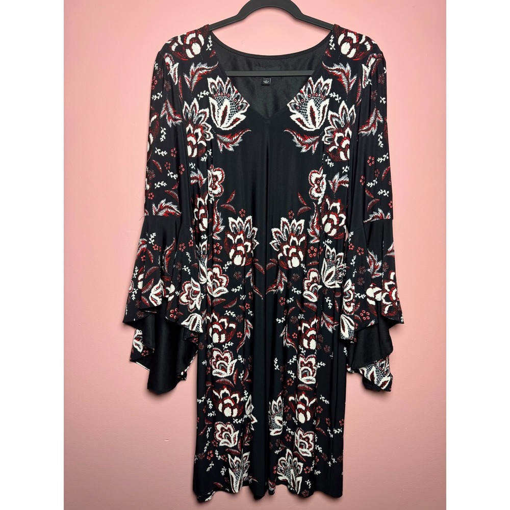 MSK Floral Paisley‎ Shift Dress Women Large Black Red Good Tiered Bell Sleeves
